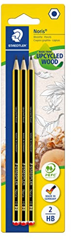 STAEDTLER Bleistift Noris 120, Made from Upcycled Wood, Härtegrad HB, Rutschfeste Soft-Oberfläche, hohe Buchfestigkeit, hohe Qualität Made in Germany, Blisterkarte mit 3 Stück, 120-2BK3DA