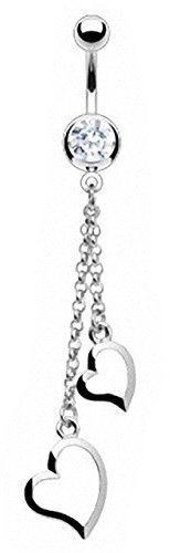 Piercingfaktor Bauchnabelpiercing Chirurgenstahl Bauch Bauchnabel Piercing Banane Stecker Anhänger mit Kristall Zwei Herzen Ketten Silber Clear