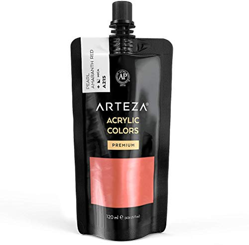 Arteza Pintura acrílica metálica, color Rojo Amaranto Perla A215, bolsa de 120 ml, alta pigmentación, resistente a la decoloración, no tóxica, para artistas, pintores aficionados y niños