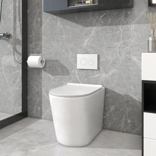 Rimless Back to Wall Toilet with Concealed Cistern Modern Round BTW Short Projection Toilet White Ceramic WC Pan Soft Close Seat Compact Toilets for Bathroom Eco Flush WC