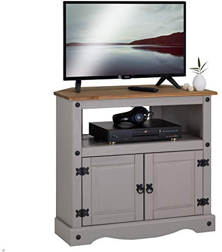 IDIMEX Meuble TV Ramon Banc télévision en pin Massif Gris et Brun avec 2 Portes et 1 Niche, Meuble de Rangement Style Mexicain en Bois dim 85 x 78 x 43 cm