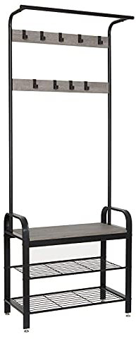 Meerveil Garderobenständer Vintage, Garderobe Industrial, 2 Gitterablagen, 72 x 34 x 183 cm, Graue Holzmaserung Schuhschrank