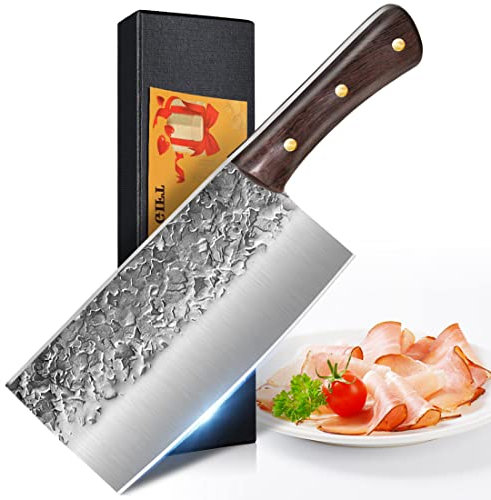 Couteau de Boucher - Couteau à Viande Professionnel Lame Épaissie, Couteau de Cuisine丨 Hache de Boucher en Acier Inox Allemand de Haute Qualité, Manche en Bois Classique, Pour le Restaurant et Maison