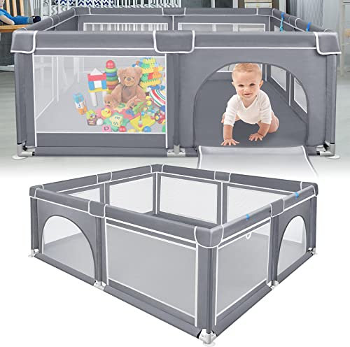 LZQ Baby Laufstall große grau Laufgitter Absperrgitter mit stabilem Saugnapf spielzaun transparent und Atmungsaktiv Stabiler Schutzgitter für Kindern(150x180x68cm)
