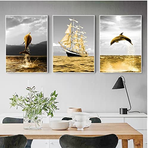 XUSANSHI Wandkunst Poster Ozeanlandschaft Segelboot Golden Ocean Life Dolphin Wandkunst Leinwand Poster und Drucke Wandkunst Bild für Wohnzimmer 3 Teile (Rahmenlos) 50x70 cm