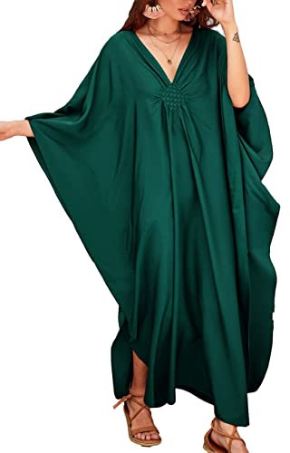 Bsubseach Women Casual Kaftan Batwing Sleeve Plus Size Swimsuit Cover Up Maxi Beach Dress Dark Green