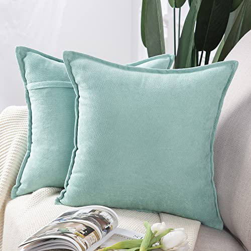 Madizz 2er Set kurzen Chenille Zierkissenbezüge weicher dekorativer Kissenbezug für Sofa, Schlafzimmer Kissenhülle Hellblaugrün 50x50 cm Quadrat