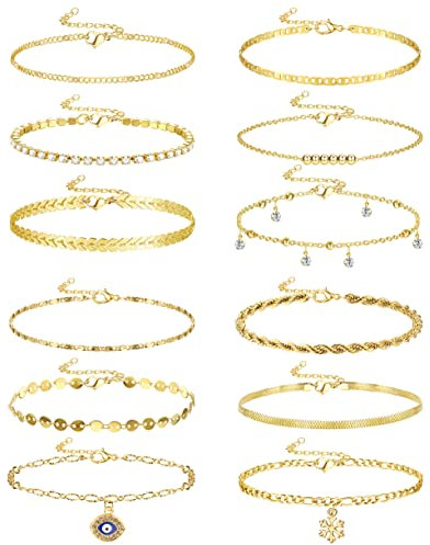 CASSIECA 12Pcs Gold Ankle Bracelets for Women 14k Gold Plated Anklet Silver Rope Chain Evil Eye Tennis Crystal Cubic Zirconia Faux Diamond Rhinestone Anklet Dainty Layered Anklet Set