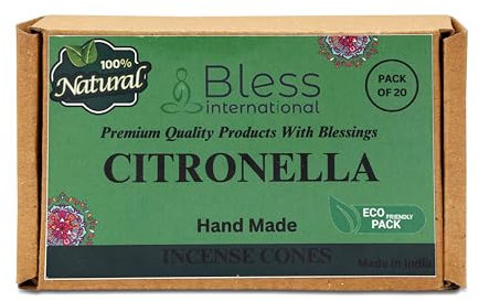 Bless International Citronella Incense-Cones Handmade-Hand-Dipped Organic-Chemicals-Free for-Purification-Relaxation-Positivity-Yoga-Meditation The-Best-scents (20 Count)