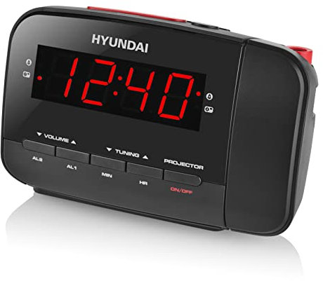 Hyundai Radiowecker HYURAC481R I mit Zeitprojektion I FM/AM I Radio I Wecker I Zeitprojektor I Snooze I 15.5 x 10 cm I Schwarz / Rot