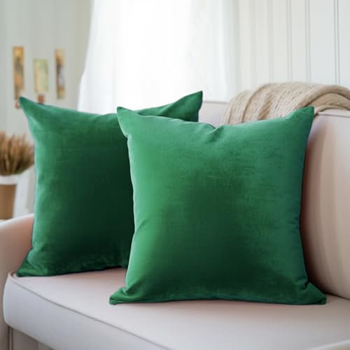 Encasa Homes Kissenbezüge aus Samt - 2er-Set (60x60 cm) - Grün- Uni gefärbt, weich & glatt, waschbar, quadratisch, großer Wurfkissenbezug für Couch, Sofa, Stuhl, Bett und Wohnbereich