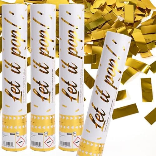 Carpeta 4 x Konfetti-Kanonen für einen Konfetti-Regen | 2-3m Effekthöhe, 28cm Party Popper mit Folien- und Papierkonfetti | Konfettikanone Hochzeit Geburtstag, Edition: Konfettikanone Gold