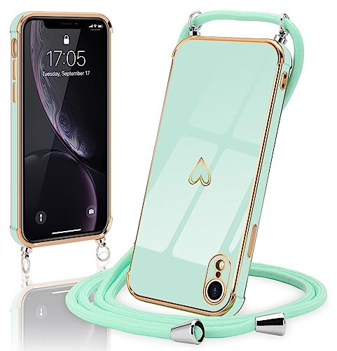 Micoden Handykette kompatibel mit iPhone Xr hülle Ultra dünn Kameraschutz Herz Love Design Galvanik Silikon Bumper Kordel zum Umhängen Handyhülle mit Band Schutzhülle,Mintgrün