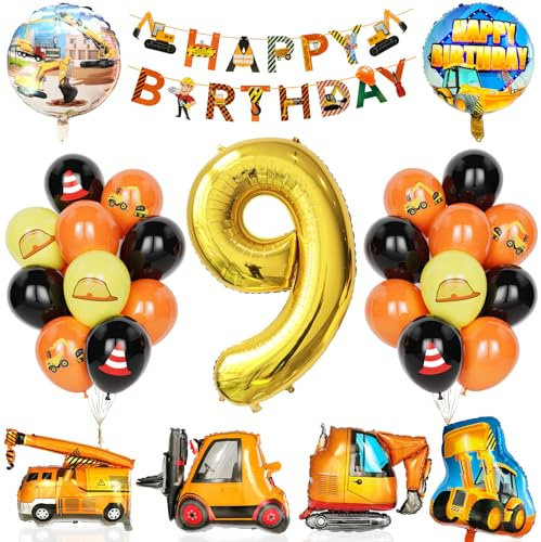 Bagger Deko Kindergeburtstag 9, 29Pcs Partyzubehör für den Bau mit Banner,Ballon Zahlen 9 mit Bulldozer, Gabelstapler Bagger Luftballons für Jungen Kinder Bauparty Geburtstags party Dekorationen