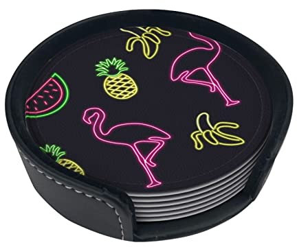 Untersetzer mit Ananas-Bananen-Flamingo-Motiv für Getränke, 6 Stück, Leder-Untersetzer mit Halter, rundes Tassenmatten-Set für Zuhause und Küche, 9,9 cm