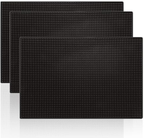 AHAQU 3PCS Bar Mat, Rubber Bar Service Mat, 12 x 17 Black Non Slip Rubber Bar Mats, PVC Whiskey Beer Coffee Glass Spill Mats for Coffee Bars Kitchen Restaurants Counter