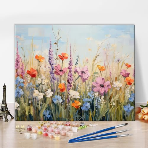 TISHIRON Blumen Malen nach Zahlen Erwachsene mit Pinseln Blühende Blumen Malen nach Zahlen für Erwachsene Malvorlagen Bunte Pflanzen DIY Malen nach Zahlen Kits Kunsthandwerk 40 x 50 cm(rahmenlos)