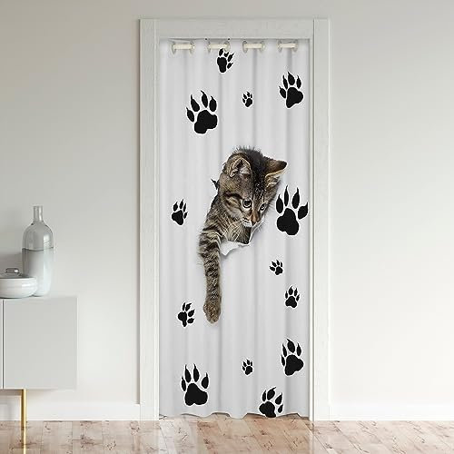 Homewish Rideau de Porte 86x203 Enfant Chat, Rideau Occultant Chat Mignon en 3D, Rideau de Porte Jolie Empreinte de Patte de Chat Animal, Décoration de Chambre, Rideau de Séparation Gris Blanc