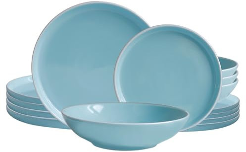 ECHTWERK Vajilla vintage de 12 piezas Nerea diseño natural, para 4 personas, vajilla de gres de colores pastel con 4 x platos llanos, 4 x platos llanos, 4 x platos hondos, menta