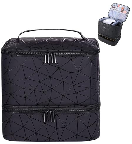Nagellack Aufbewahrung Tasche, Doppelschicht Nagellack Tasche Organizer,für 30 Flaschen Nagellack, Tragbare Kosmetiktasche,Mit Nagelzubehör-Aufbewahrungsfächern (Schwarz)