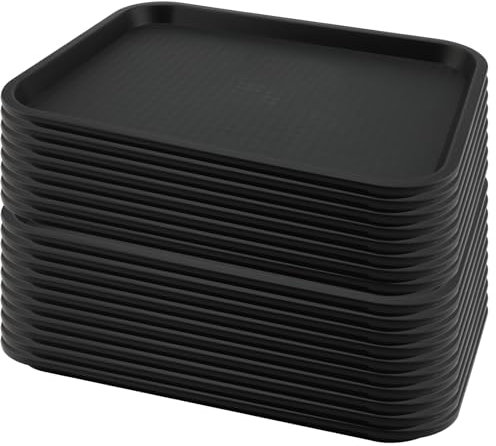 MAHIONG 18 Pack Black Plastic Fast Food Tray, 35 x 27 cm Large Plastic Restaurant Serving Tray for Cafeteria, Kitchen, Party, Coffee Shops