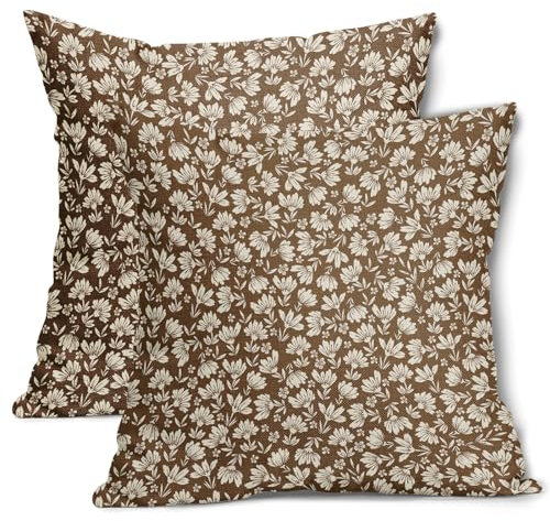Brown Beige Daisy Floral Pillow Covers 18X18 Inch Vintage Flowers Decorative Pillow Cases Set of 2 Block Print Cotton Linen Throw Pillows Farmhouse Decor For Sofa Couch Porch Bed Cushion Outdoor