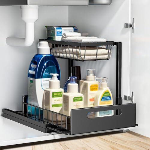 AIQII Metall Unter Waschbecken Regal, 2 Etagen Gewürzregal Stehend Spülenunterschrank Organizer mit Schublade für Küche, Badezimmer, Bad, Schrank, Küchenschrank