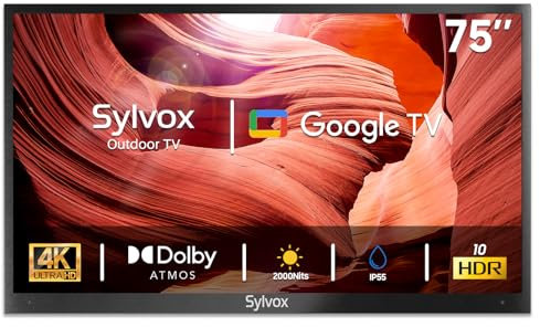 SYLVOX Outdoor TV, 75 Inch Smart TV, 4K UHD 2000Nit Ultra Bright, Sunlight Readable for Outdoor Use, HDR10, IP55 Waterproof, Dolby Atmos, Built-in Google Assistant, Screen Cast (2024, Pool Pro 2.0)