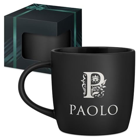 Maverton Tazza da caffè macchiato o tè in ceramica - 400 ml - Incisione personalizzata - Tazze con manico per bevande per Lui - Bicchiere da colazione per compleanno uomo - Interno nero - monogramma