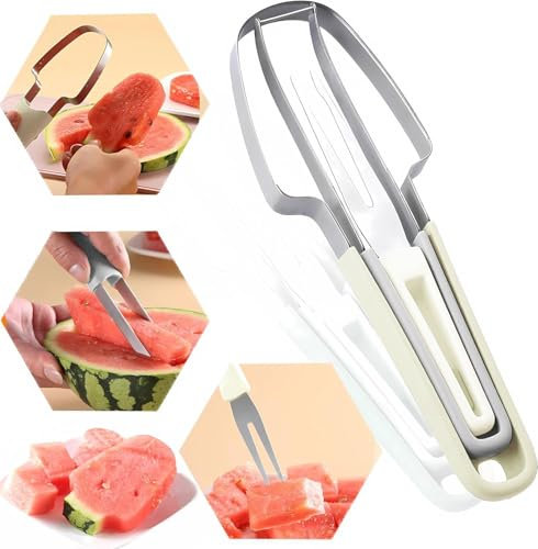 Watermelon Cutter Slicer Tool - 2024 New 3-in-1 Stainless Steel Fruit Cutter Watermelon Cutter Fork, Watermelon Fork Slicer Cutter, Quickly Fruit Forks Slicer Knife for Camping Kitchen Gadgets (Beige)
