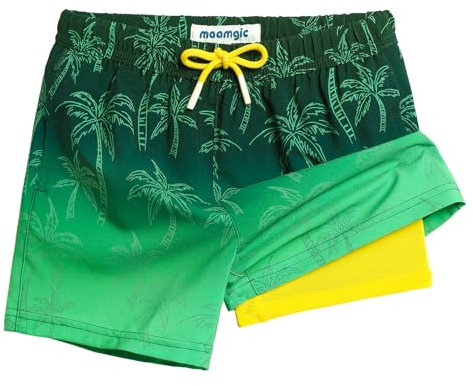 MaaMgic Badehose Jungen Kinder | Schnelltrocknend Kurz Swim Shorts für Kleine | 2 in 1 Badeshorts mit Kompression Innenhose Taschen Verstellbare Tunnelzug MEHRWE,24 Glücklich Grün Palme,14-16 Jahre