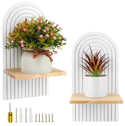 Taloit Wandregal Weiß Boho Wanddeko Holz Regal Wand Schweberegale Bücherregal Wand, Moderne Wandboard Deko Wohnzimmer, Schlafzimmer, Büro Pflanze Rack, Blumentopf Holz Rack