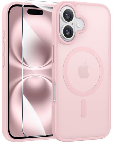 FNTCASE für iPhone 16 Hülle: iPhone 16 Handyhülle Magnetische Matt Robuste Stoßfeste - Militärische Klasse Fallsicher Harter Rücken Anti-Fingerabdruck Schutzhülle(Rosa)