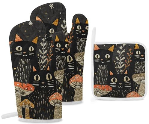 3 Piece Set Oven Mitts and Pot Holders Set Heat Resistant Oven Mitts and Potholders Cats and Mushrooms BBQ Gloves Hot Pads Cooking Gloves for Kitchen Baking Grilling
