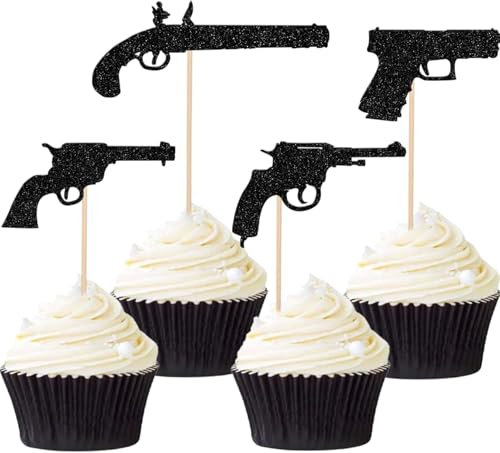 24 Stück Gewehr Cupcake Toppers Glitzer Pistole Pistolen Schießen Thema Tortendeko Waffe Schießen Kuchen Deko für Militär Waffe Thema Baby Dusche Geburtstag Party Kuchen Dekorationen Schwarz