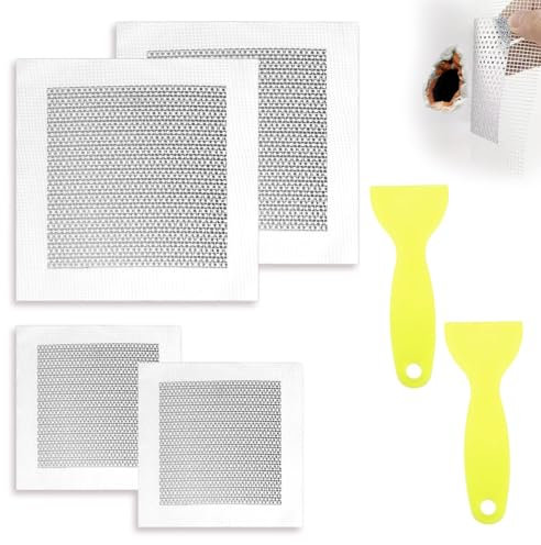 Qtksceadlnce 6PCS Wall Repair Kit, 4/6 Inch Self Adhesive Drywall Repair Patch with 2 Putty Knife Plasterboard Aluminum Mesh Repair Wall Patch for Holes Walls Fix and Fixing Graffiti Cover Cracks