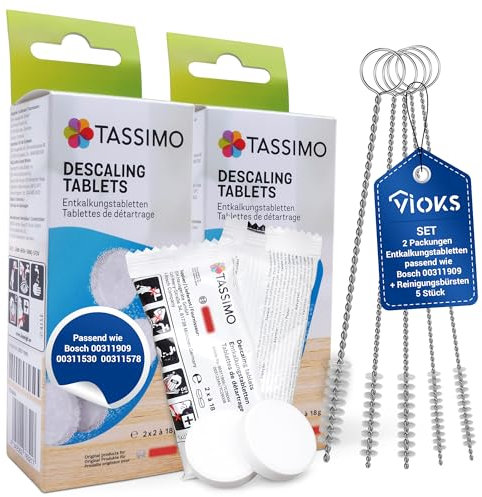 VIOKS Set 8x Entkalkungstabletten für 4 Anwendungen Ersatz für Bosch Siеmens 311909 Antikalk Reiniger + 5x Reinigungsbürste - Entkalker Tabs mit Spülbürsten Set für Tаssimo TCZ6004 Kaffeevollautomat