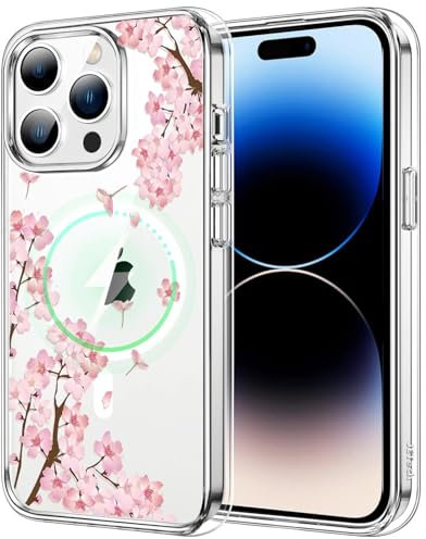 Uorker Magnetic Case for iPhone 15 Pro 6.1, Compatible with Magnetic Clear Pink Cherry Floral Print Design Flexible Soft Shockproof TPU Bumper Protective, Elegant Cute Flower Cover (02, 15 Pro)