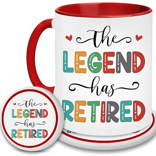 YIDAJI Regalo de jubilación – Taza jubilada para hombres y mujeres – La leyenda ha jubilado taza y posavasos, regalo de despedida y despedida para mamá, papá, amigo, compañero de trabajo, jefe,