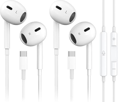 Snowhit 2 Pack-USB C Headphones for iPhone 16/15 Type C Earbuds Wired Earphones with Mic & Remote Control Noise Cancelling for iPad Pro, Galaxy S23/S22/S21/S20/Ultra Note 10/20, Pixel 7/6/6a/5/4