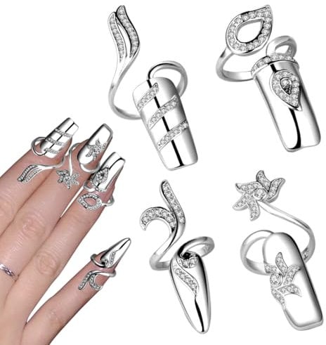 VASANA 4Pcs Silver Rhinestones Womens Finger Nail Rings Metal Fingertip Protective Nail Rings Opening Nail Cover Ring Fingernails Ring Art Charms Accessories