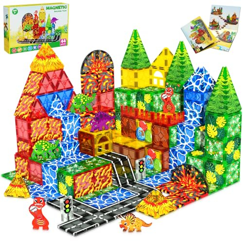 Dinosaur Toys Magnetic Tiles for Kids 3-5, Lava Dinosaur World Set Magnatiles for Kids Ages 4-8 5-7, Toddler Magnet Building Blocks STEM Learning Sensory Birthday Gifts for 3+ Years Old Boys Girls