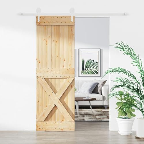 Gecheer Porta Singola Scorrevole,Porta del Granaio,con Kit Binario,in Legno di Pino Croce,Acciaio Bianco,70x210 cm,Binario 200 cm,Porta con Kit Binario,Porta con Ferramenta