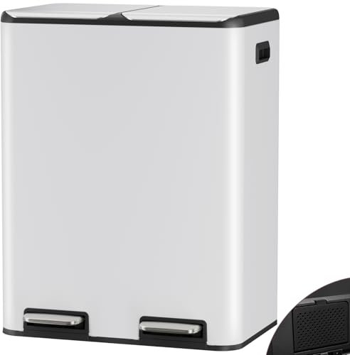 Clevich 60L Dual Kitchen Bin (2 x 30L) with Odor Control, Hands-Free Recycling Waste Bin,W/Wide Pedal, 2 Removable Built-in Buckets,Soft-Close Lid, Airtight Design, for Home Office (White)