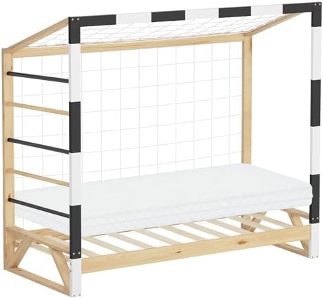ML-Design Kinderbett Fußballtor 80x160 cm mit Matratze, Holzbett mit Lattenrost, Kletterleiter & Netz, Jugendbett aus Kiefernholz, Einzelbett für Kinder, Bettgestell für Jungen & Mädchen, Spielbett