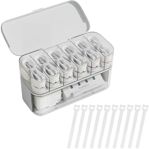 IEMIEBSHA Cable Storage Box with Lids, Cable Management Box with 6 Grids | Plastic Data Cable Tidy Storage Case with 10 Wire Ties, for Power Cord, Charging Plug, Desktop Sundrie