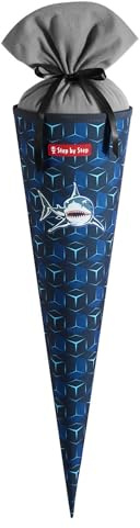 Step by Step Schultüte „Shark Dexter“, blau, passend zum Schulranzen, aus recycelten PET-Flaschen, Verschluss aus Stoff, 5 l Füllvolumen, 70 cm Höhe