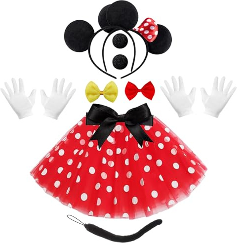 Mouse Kostüm Damen, Mouse Kostüm Set für Damen & Herren, Maus Rote Rock mit Weiß Gepunktet, Maus Ohren, Nase, Handschuhe, Fliege Schleife, Schwanz, für Fasching Karneval Cosplay Party