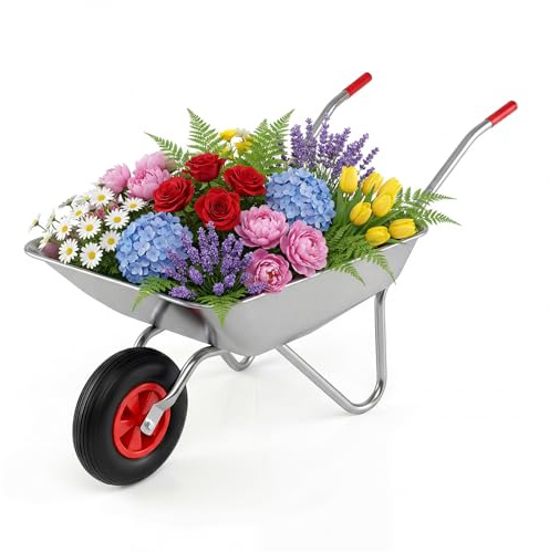 COSTWAY Schubkarre aus verzinktem Metall, 32 cm Gummireifen, Bauschubkarre mit 2 Griffen, Gartenschubkarre bis 136 kg, Schiebkarre Kippwagen Garten, Silber