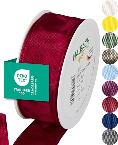 Halbach Seidenbänder Premium Geschenkband mit Drahtkante | Breite 40mm Länge 25m | Öko-Tex 100 zertifiziertes Schleifenband | Taftband Made in Germany, Farbe: weinrot